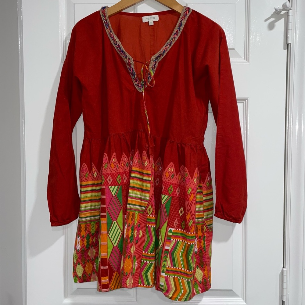 VELVERA V Neck Cotton Tunic Size M Embroidered/Braided yarn trim